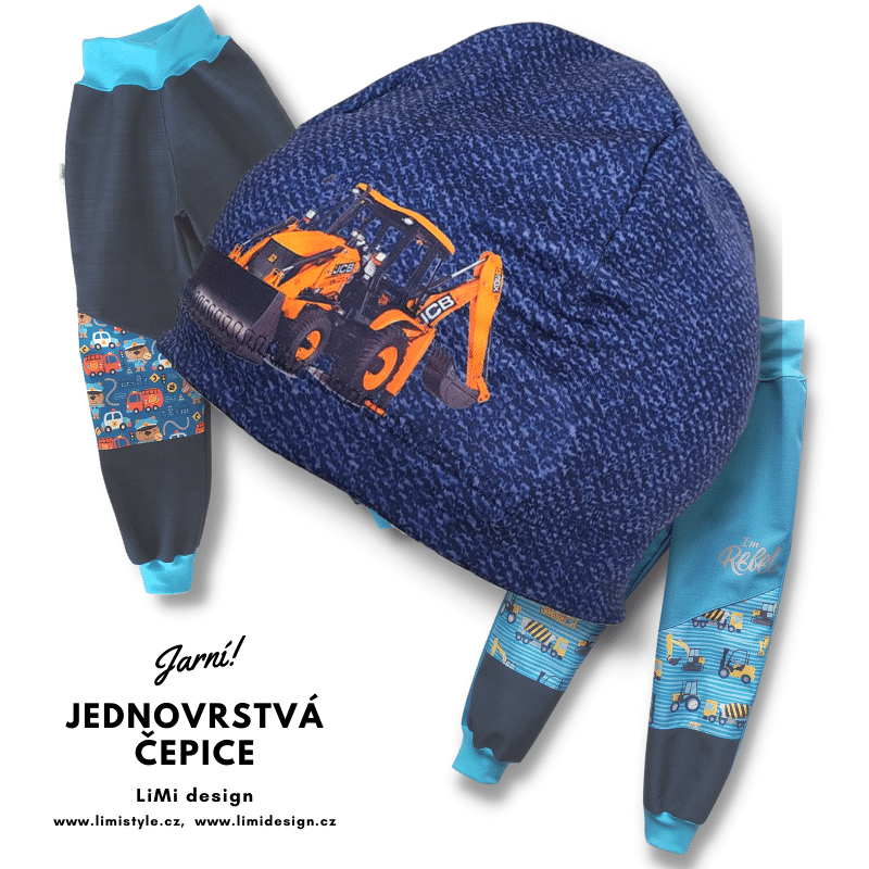 Jaro/podzimní jednovrstvá čepice STAVEBNÍ STROJE na džínové