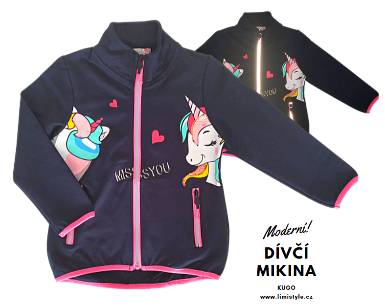 Dívčí mikina tmavě modrá s jednorožci a REFLEXNÍMI ZIPY, vel. 110