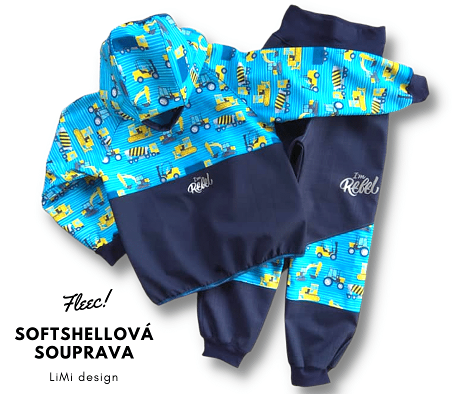 Chlapecká softshellová bunda s fleecem "PŮLENÁ" - STAVEBNÍ AUTA MODRÁ