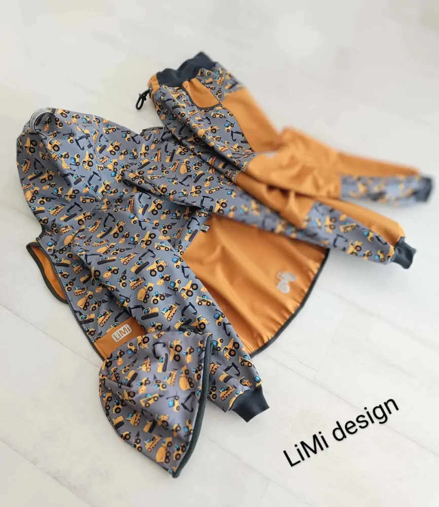 Softshellová souprava COOL pattern STAVEBNÍ STROJE/ hořčicová