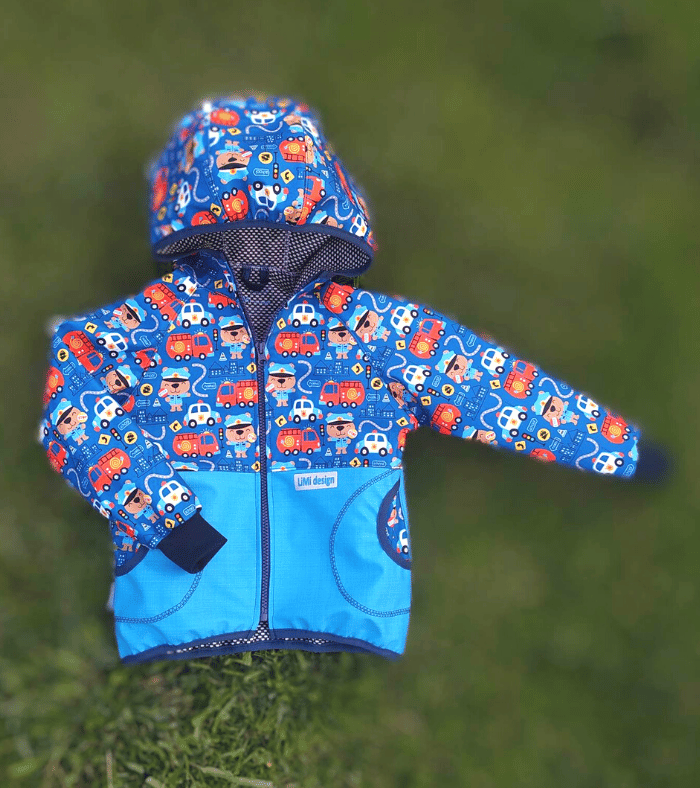 Chlapecká softshellová bunda JARNÍ "PŮLENÁ" - MEDVÍDEK POLICISTA světle MODRÁ - ke kalhotům