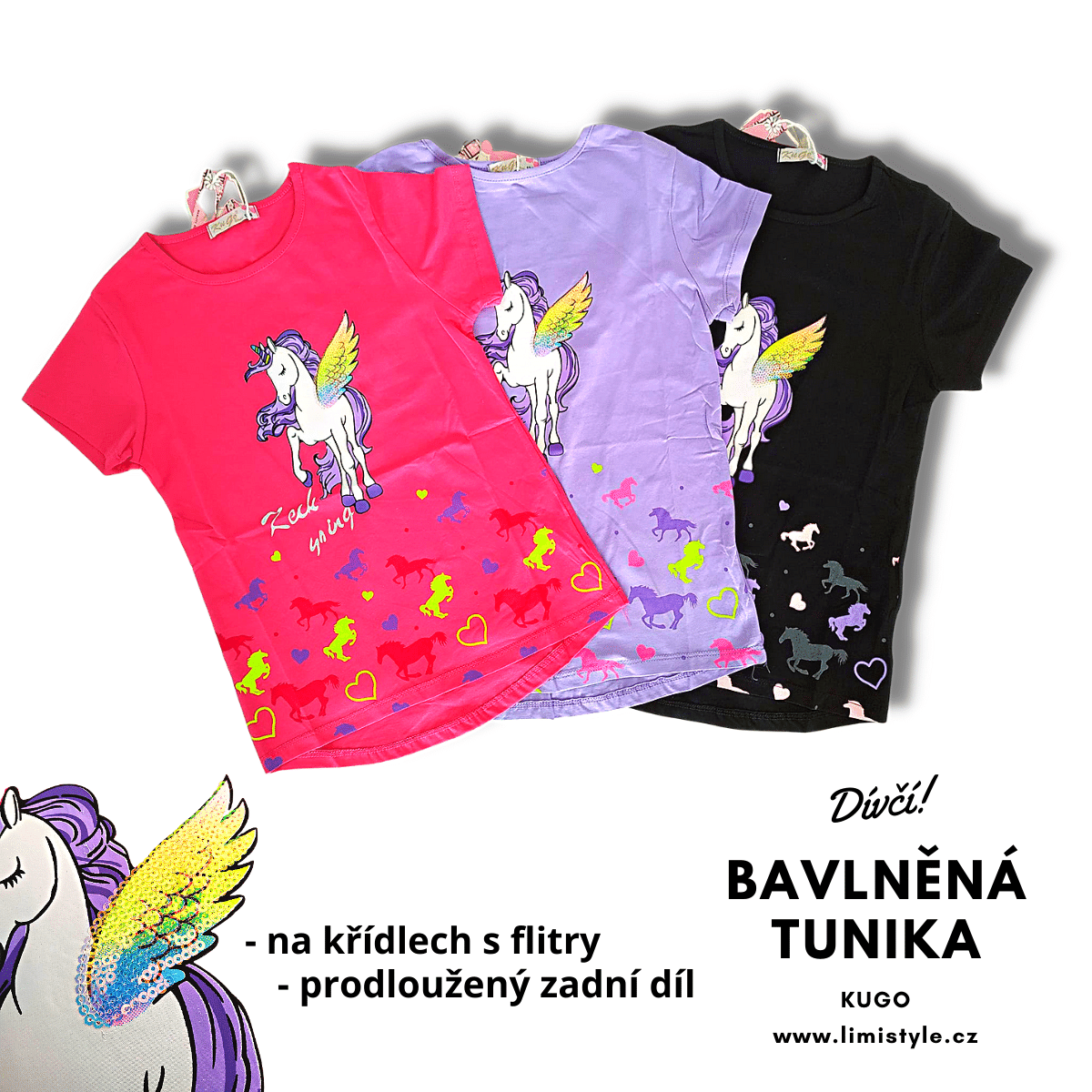Dívčí triko tunika UNICORN K prodloužené, fialová, vel. 134 - 164