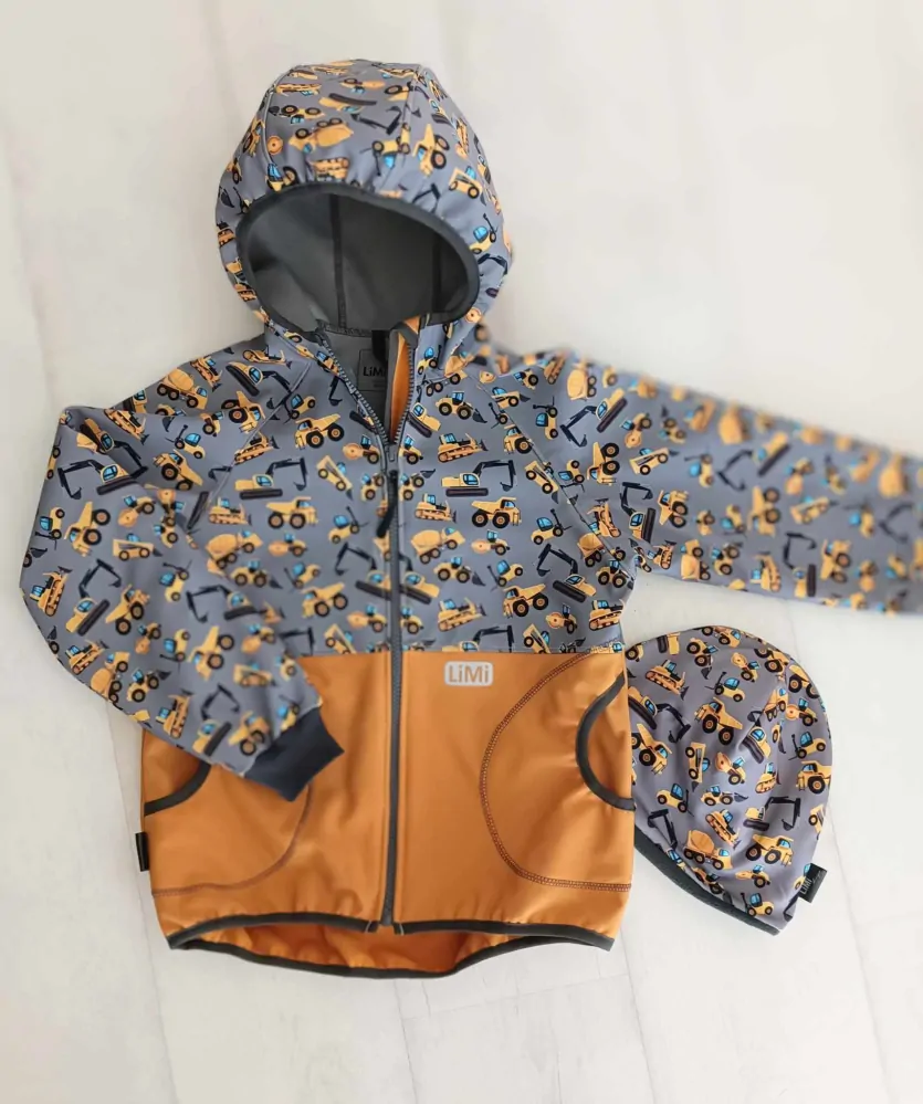Softshellová souprava COOL pattern STAVEBNÍ STROJE/ hořčicová