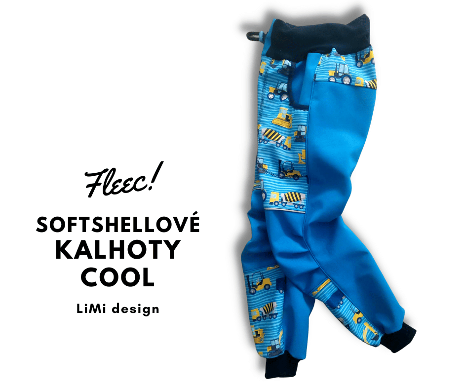 Softshellové kalhoty s fleecem COOL pattern, STAVEBNÍ STROJE/MODRÁ, vel. 98 - 140